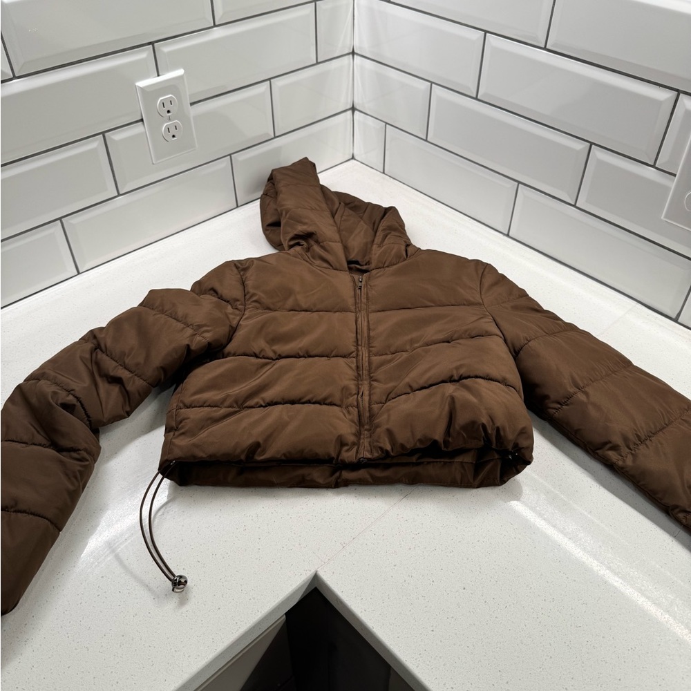 Brown Cropped Puffer Jacket with Hood